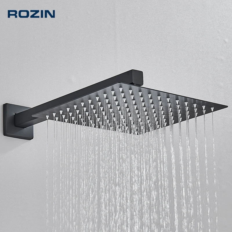 Rozin Brushed Golden Rainfall Shower Head Bathroom 8/10/12" Ultrathin Style Top Shower Head with Wall Mounted Shower Arm
