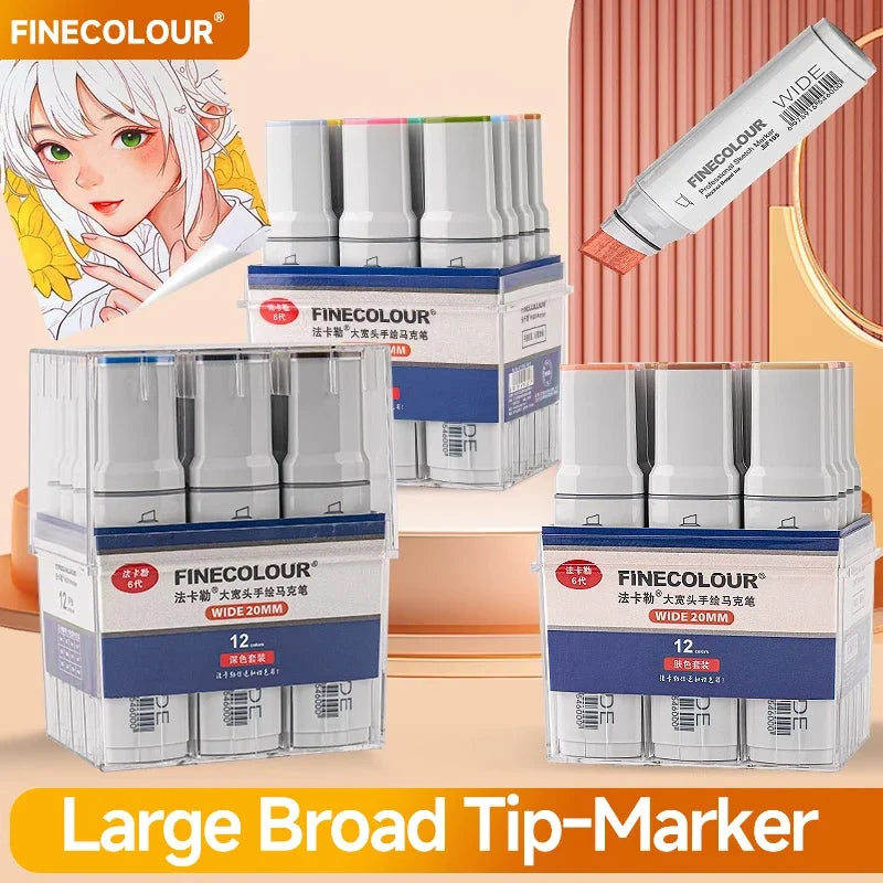 Finecolour EF105 20mm Wide Markers 12colors Alcohol Line Sketching Art Markers Pen Drawing For Large Area Painting Art Supplies