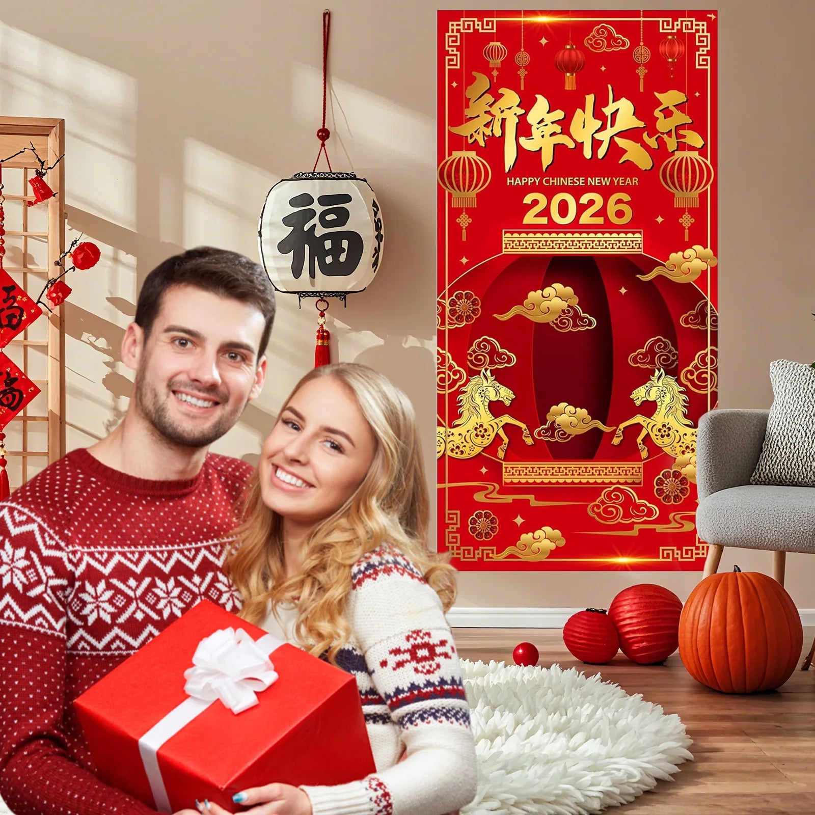 Year of The Horse 2026 Happy Chinese New Year Door Cover Decorations Banner Flag Welcome Hanging Backdrop Sign Party Background