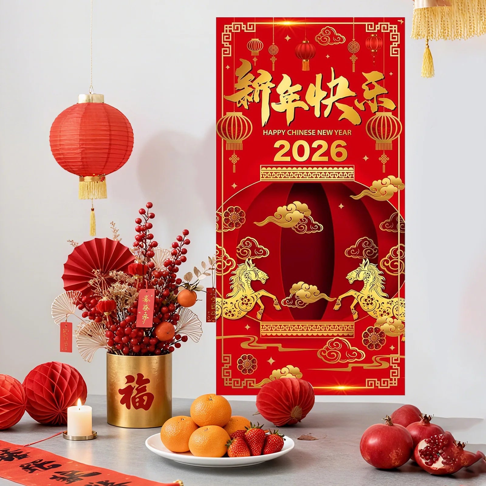 Year of The Horse 2026 Happy Chinese New Year Door Cover Decorations Banner Flag Welcome Hanging Backdrop Sign Party Background