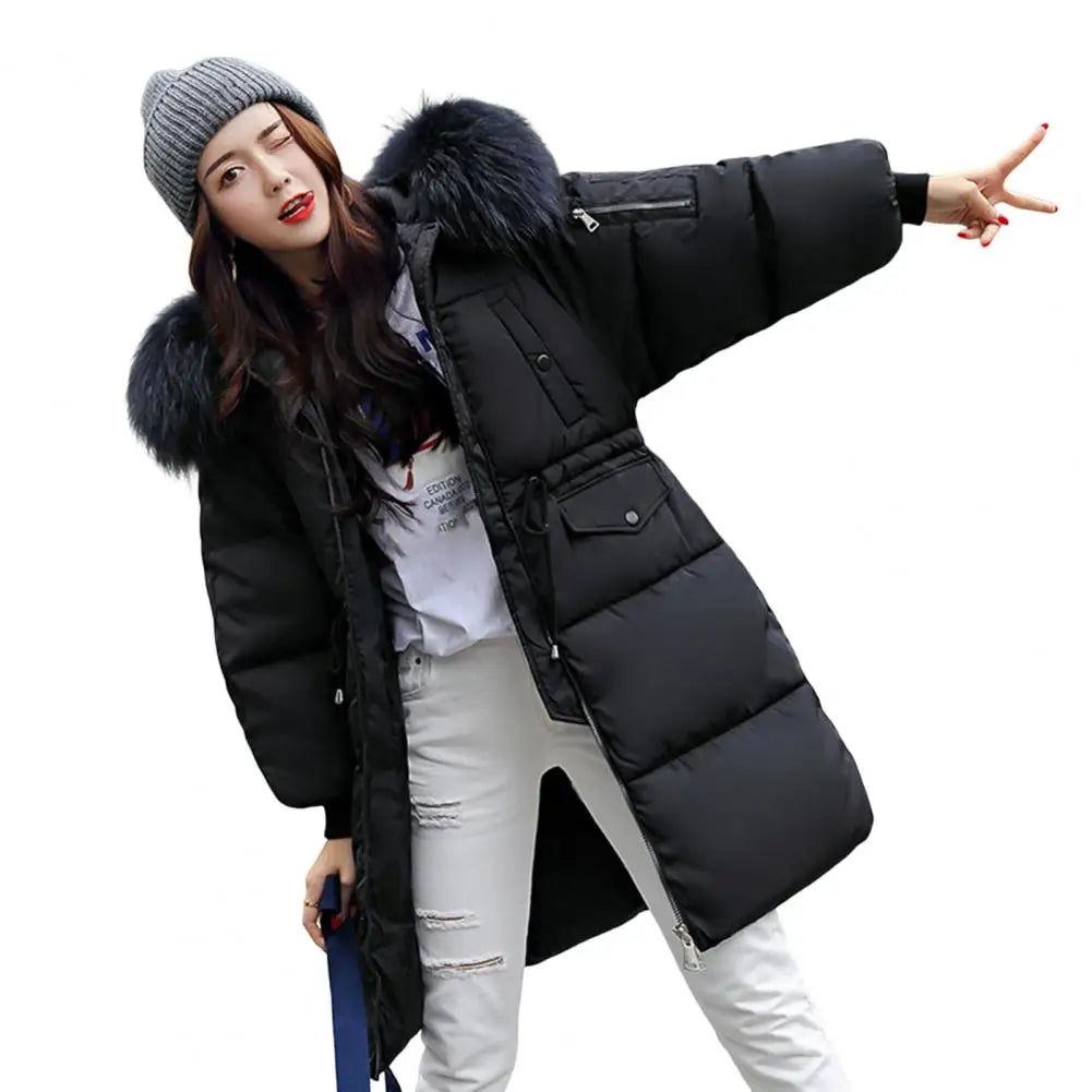 Winter Overcoat Down Coat Jacket Women Fur Furry Hood Thickened Padded Drawstring Waist Zipper Mid Length Cotton Coat