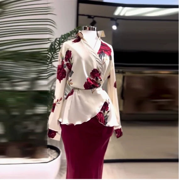 Fashion Women's 2-Piece Lapel Flower Print Shirt Top and High Waisted Fishtail Skirt Set, Elegant and Gorgeous Long Skirt Set