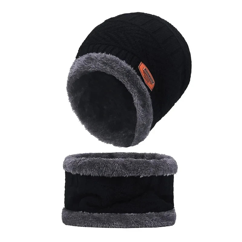 Winter Hat For Men Fleece Scarf Women Neck Leather Knitted Cap Thick Wool Neck Warmer Balaclava Ski Mask Skullies Beanies