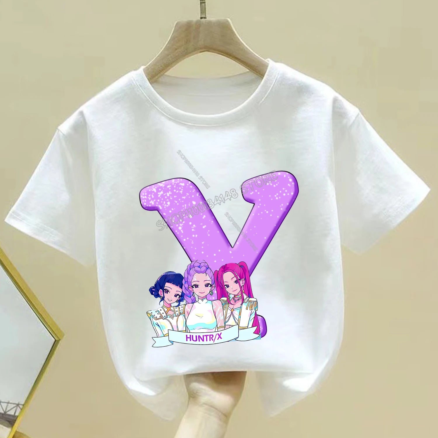 KPop Demon Hunters T-shirt for Children Cartoon A-Z Letters Tee Top White Round Collar Clothes Kids Short Sleeve Clothing Gift