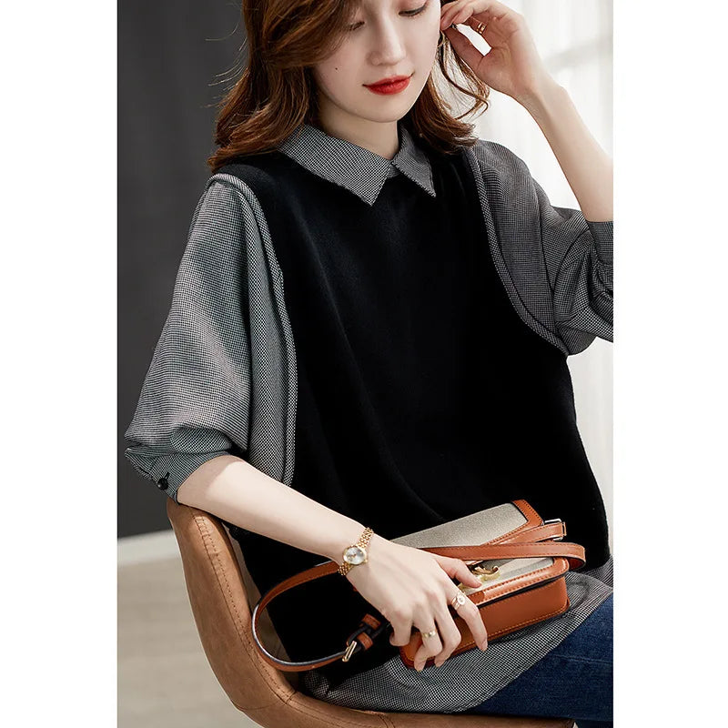 Autumn New Fashion Women's Color-coded Turn-down Collar Long Sleeve Casual Trendy Loose Fake 2 Piece Set Shirts Female Clothes