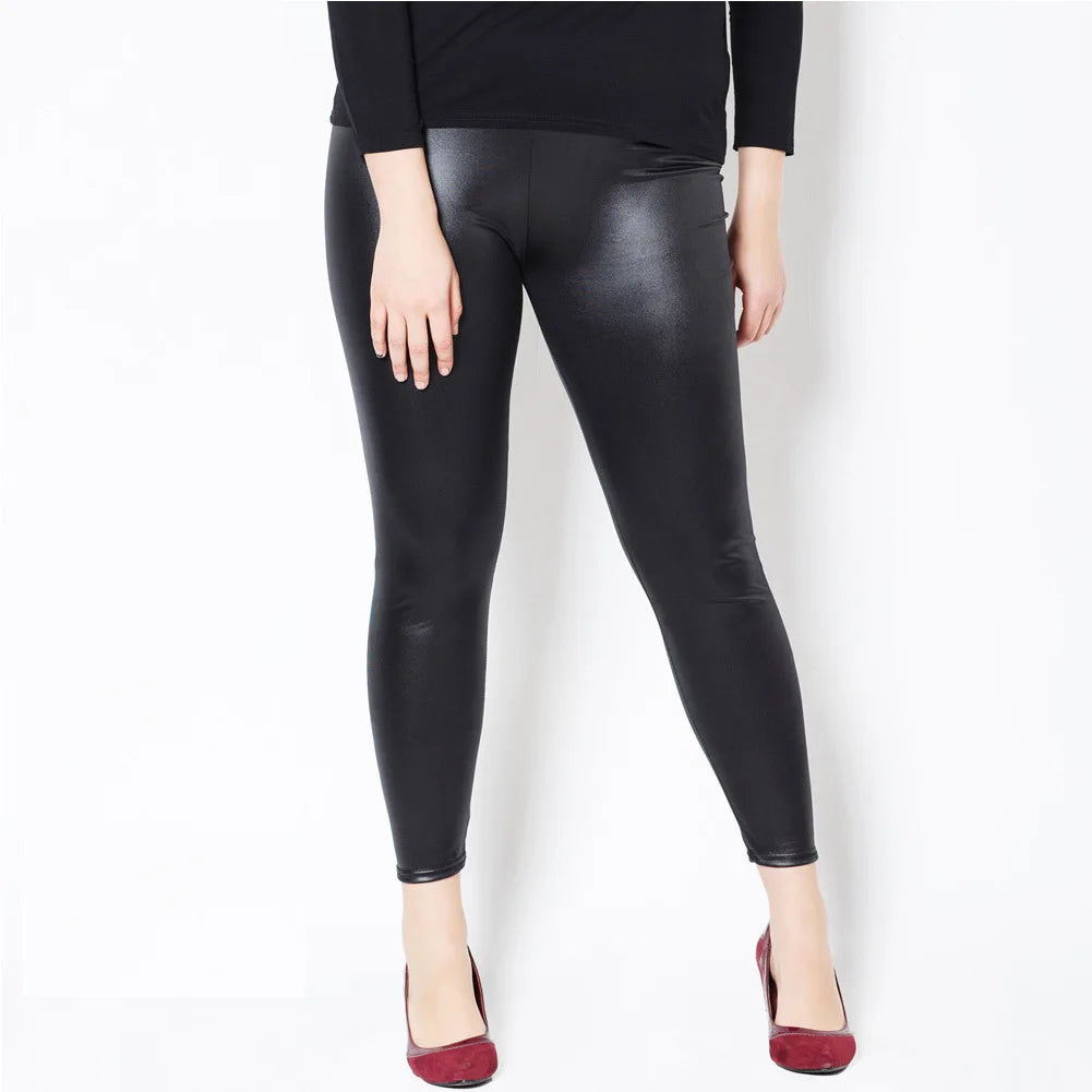 Shiny Plus Size Leggings Black 2X 3X Super Stretch Spandex Clothing PU Leather Pant Tummy Control Oversized Faux Leather Legging