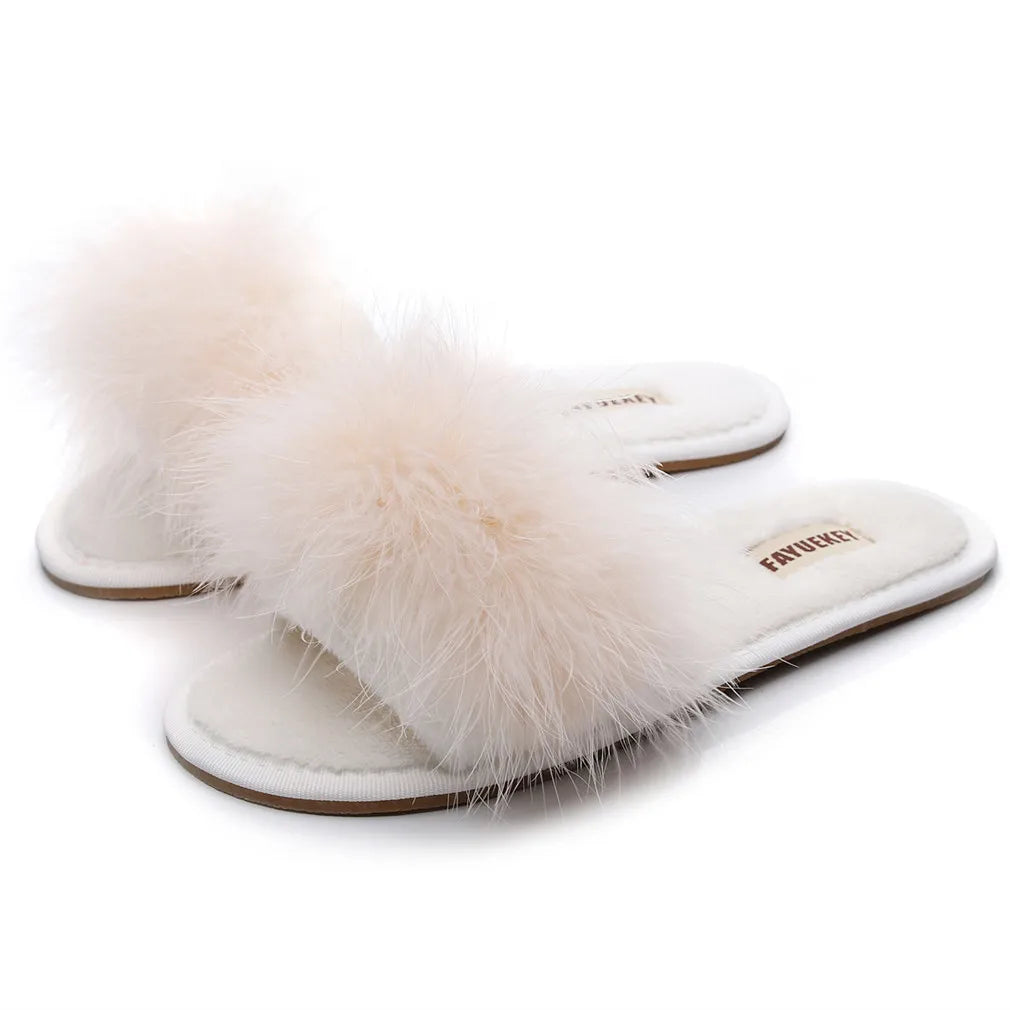 FAYUEKEY Spring Summer Winter Home Cotton Fluffy Plush Fur Slippers Women Wedding Floor Bedroom Flat Shoes