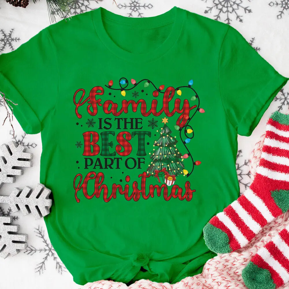 Family Is The Best Part of Christmas Printed Shirts Xams Party Women Girls T-shirt Female Short Sleeve Tops Holiday Outfit Tee
