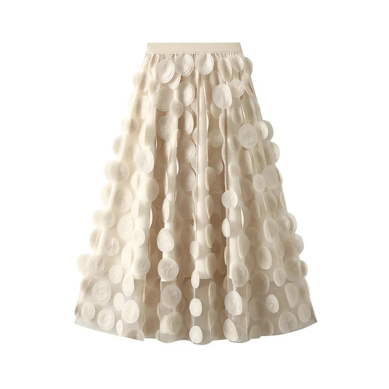 Autumn Winter 3D Circular Applique Mesh Long Skirts 2024 Korean Fashion Hepburn Style High Waist A-LINE Skirt