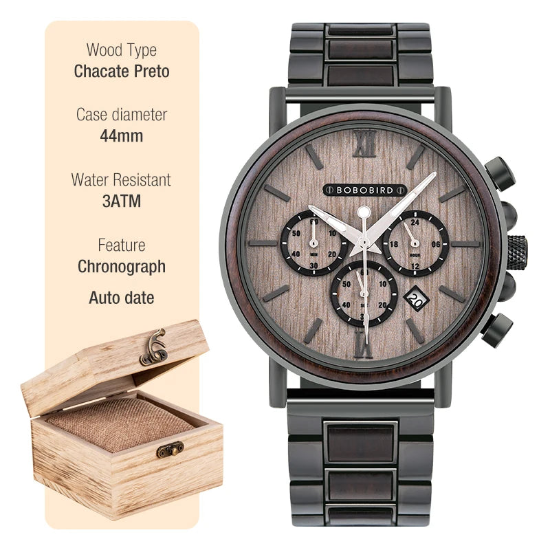 BOBO BIRD Wooden Watch Men erkek kol saati Luxury Stylish Wood Timepieces Chronograph Military Quartz Watches Custom Wood Gift