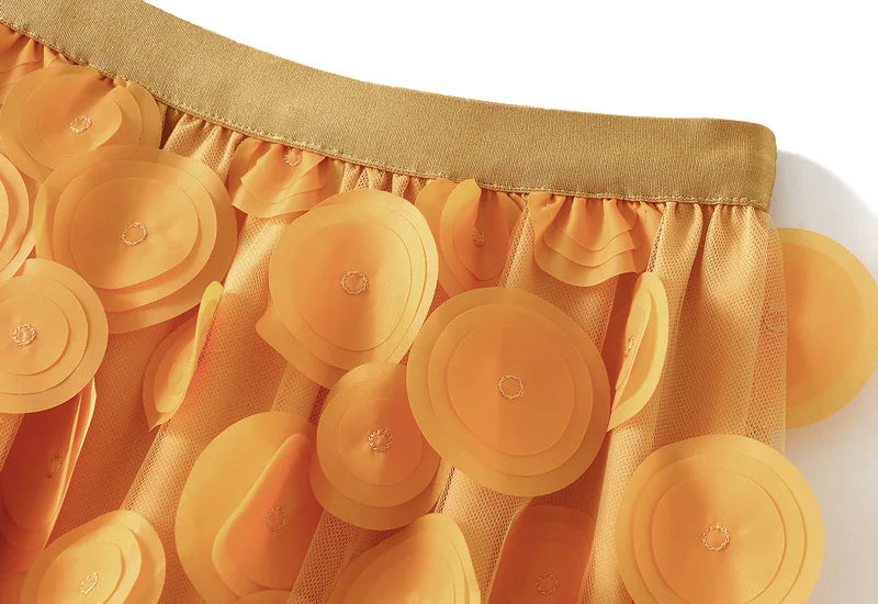 Autumn Winter 3D Circular Applique Mesh Long Skirts 2024 Korean Fashion Hepburn Style High Waist A-LINE Skirt