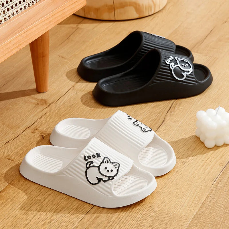 Cute Cartoon Kitten Women's Summer Slippers Indoor Bathroom Cloudy Soft Sole Non-slip Leisure Comfort Couple Home Shoes