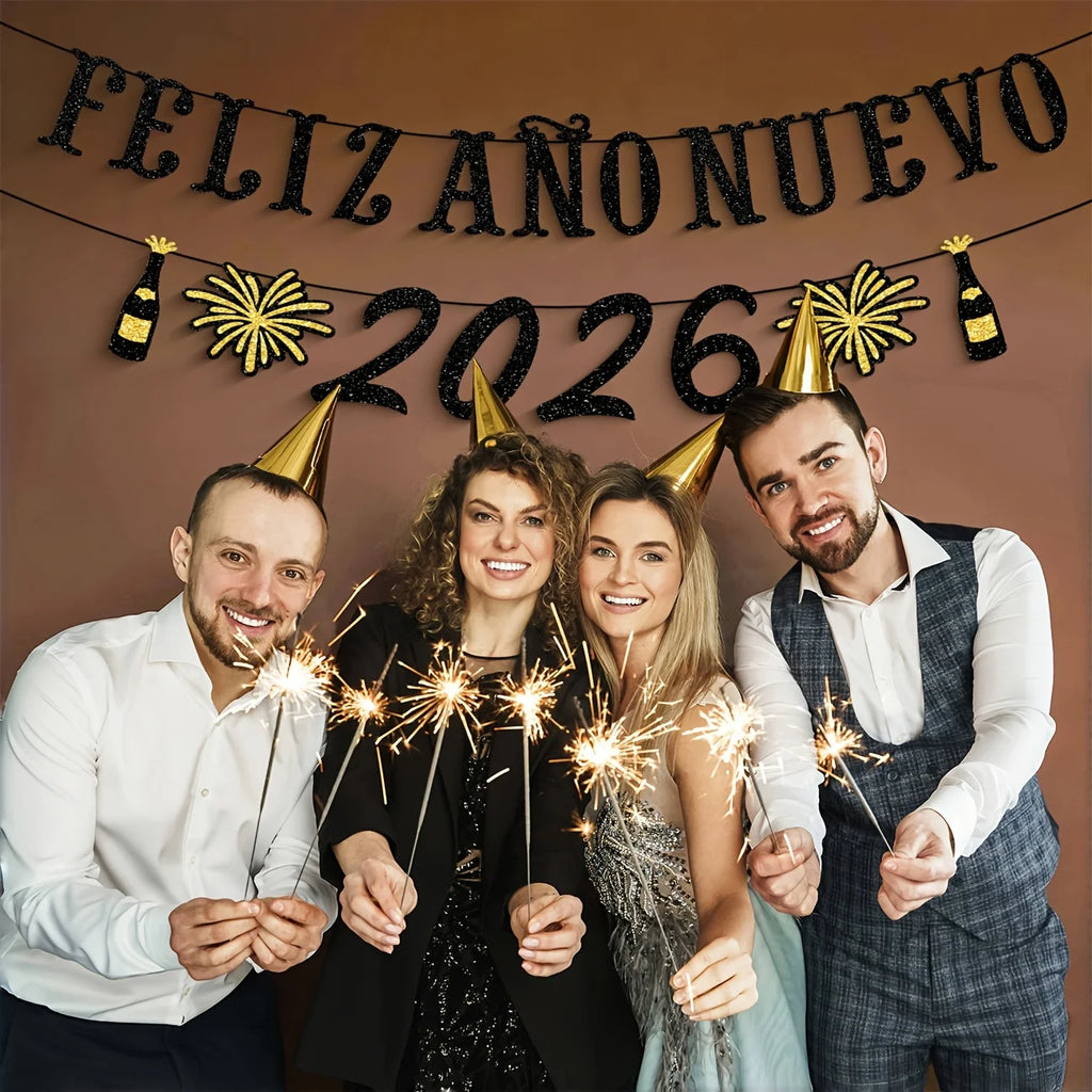 Spanish Happy New Year Party Banner Feliz Año Nuevo 2026 Party Decoration New Years Eve Decorations Glitter New Year 2026 Party