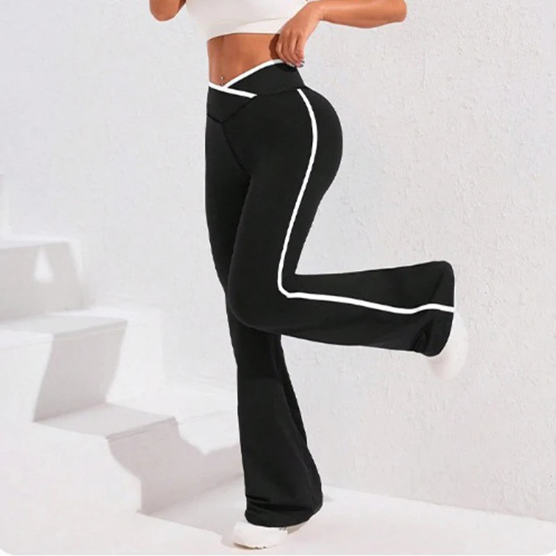 Side Stripe Flared Yoga Pants Women Cross Waist High Rise Butt Lifting Wide Leg Outdoor Slim Fit  Wicking Sportswear