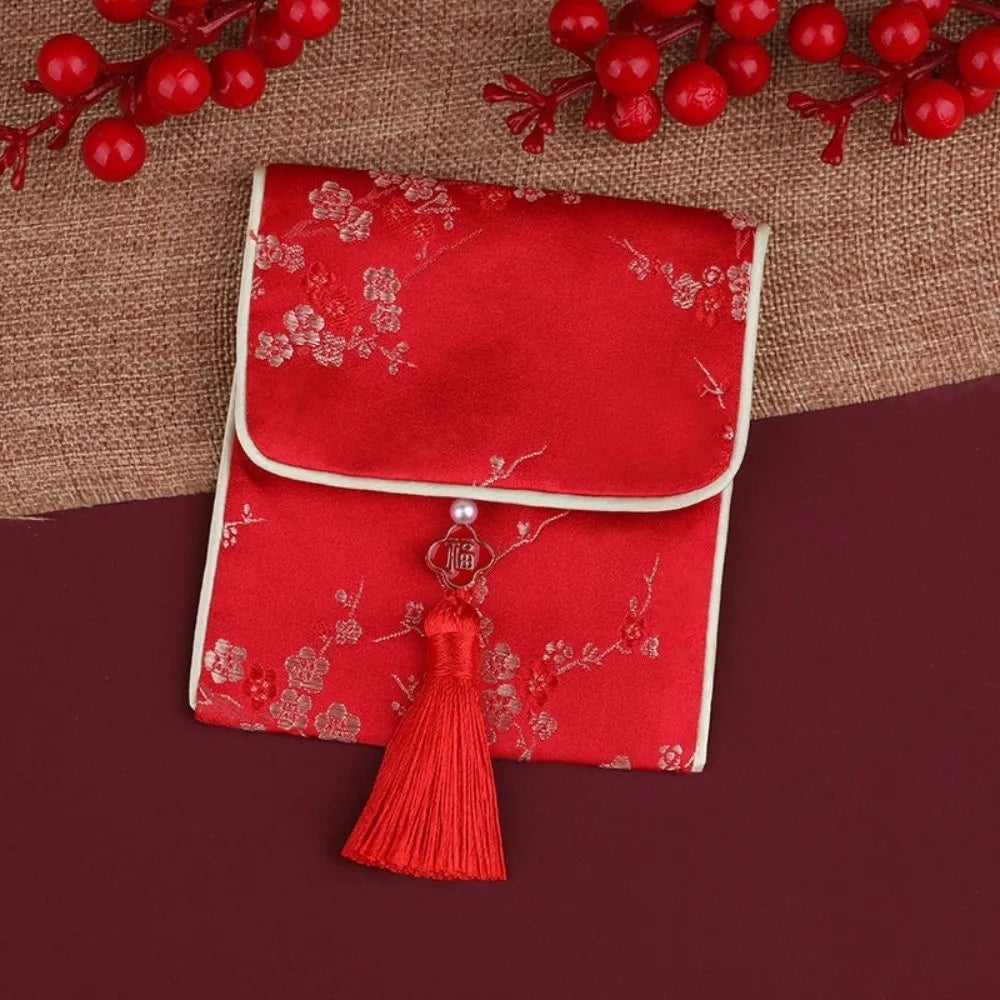 New Year Blessing Words Brocade Red Envelope Tassel Spring Festival Money Pocket Embroidery Best Wishes New Year Money Bag