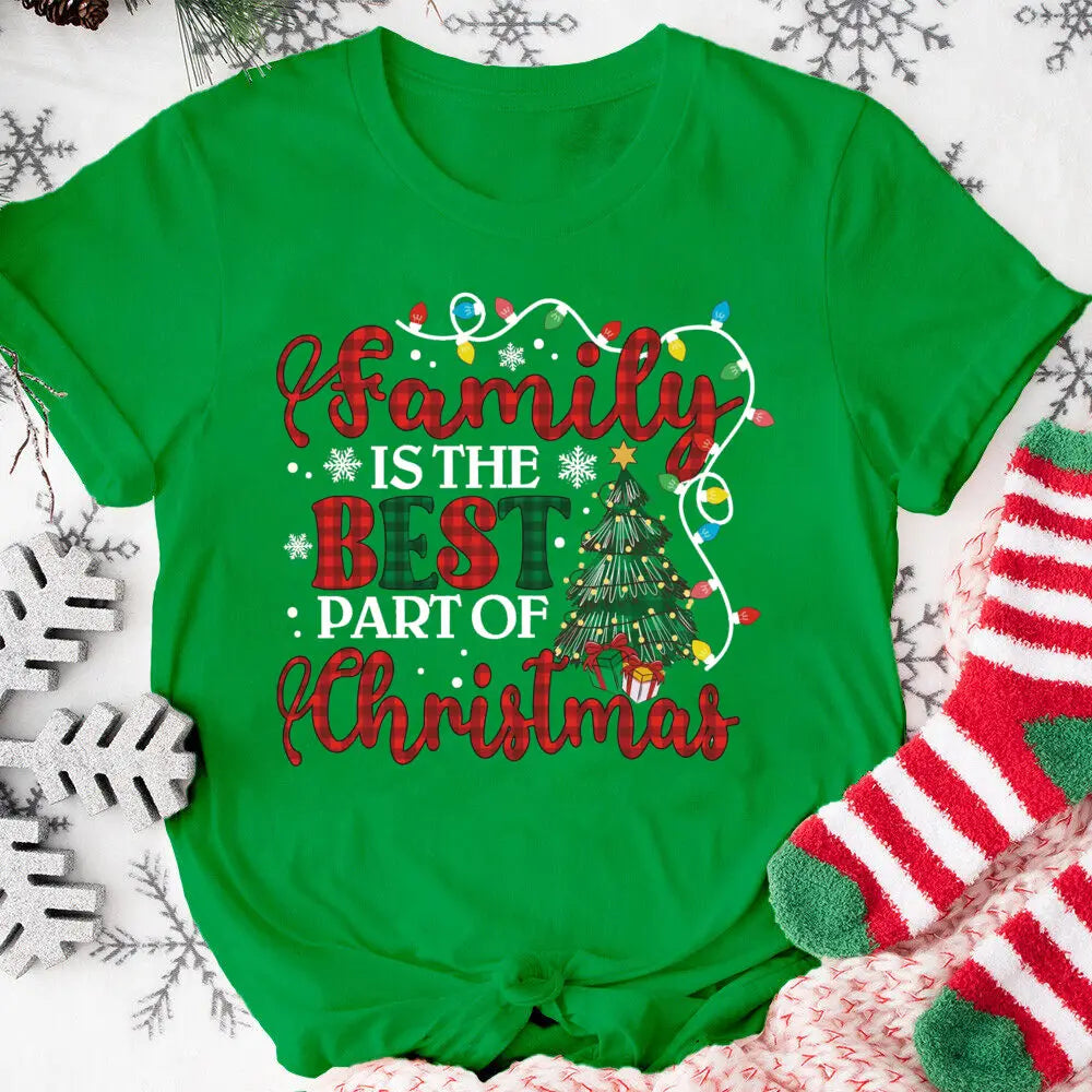Family Is The Best Part of Christmas Printed Shirts Xams Party Women Girls T-shirt Female Short Sleeve Tops Holiday Outfit Tee