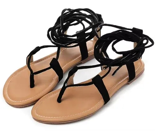Eilyken Summer Roman Sandals Cross-Strap Tall Knee High Bondage Thong Flat Women Sandals Flip Flops Black Apricot