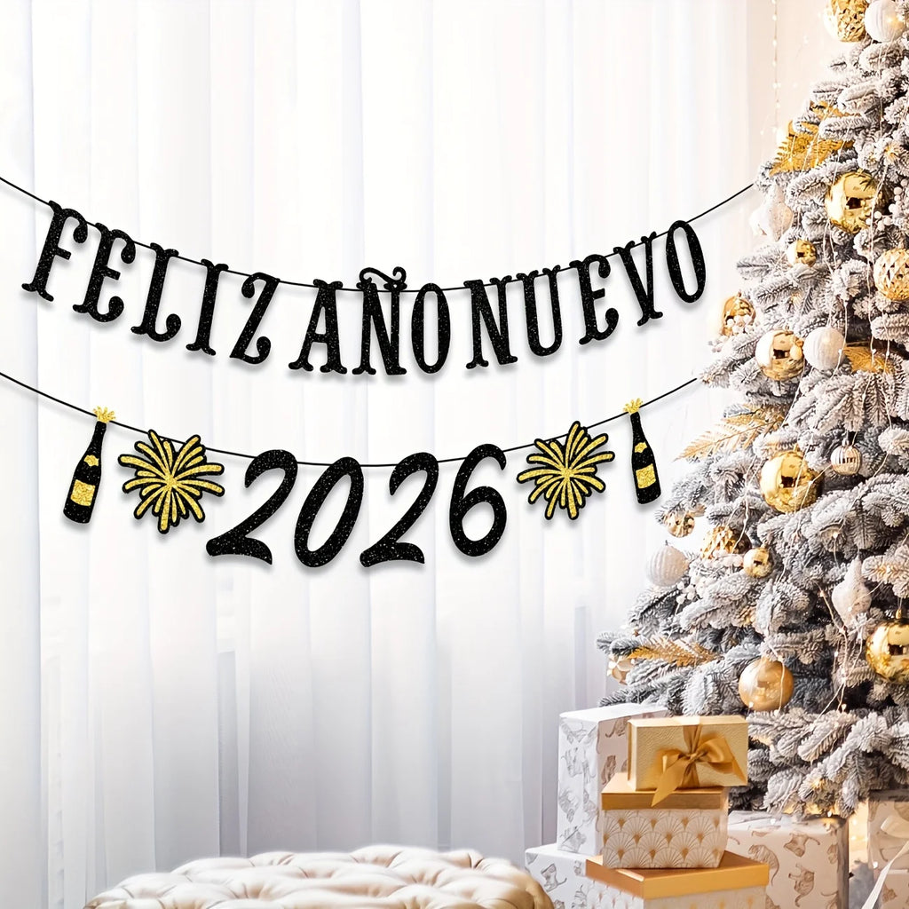 Spanish Happy New Year Party Banner Feliz Año Nuevo 2026 Party Decoration New Years Eve Decorations Glitter New Year 2026 Party
