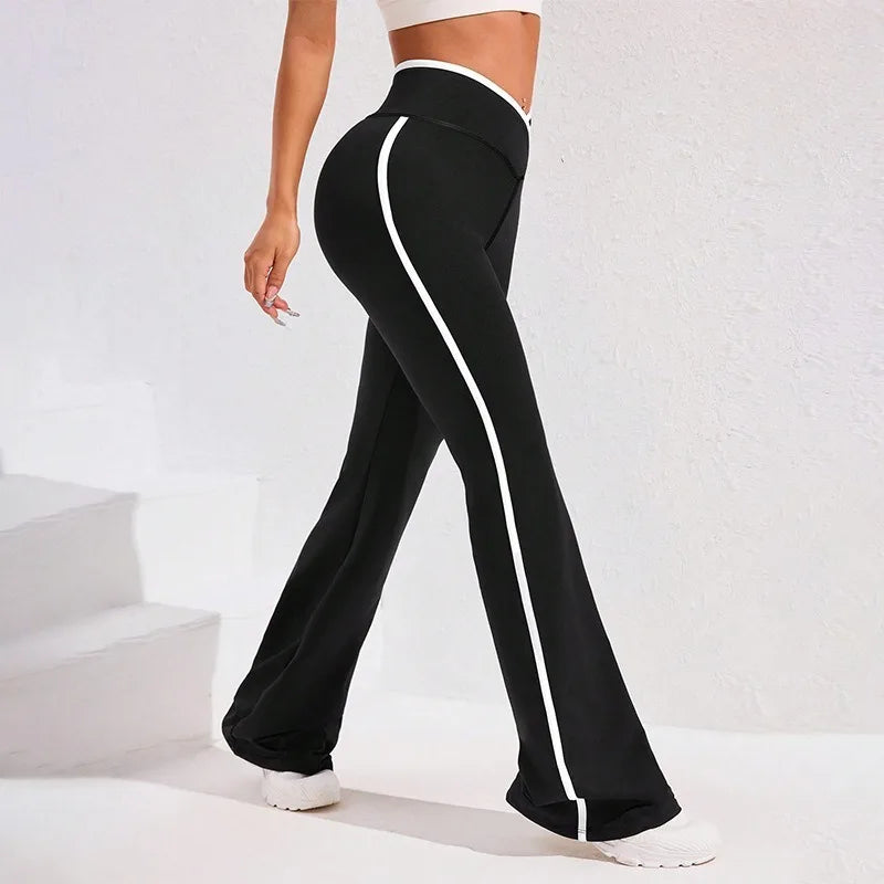 Side Stripe Flared Yoga Pants Women Cross Waist High Rise Butt Lifting Wide Leg Outdoor Slim Fit  Wicking Sportswear