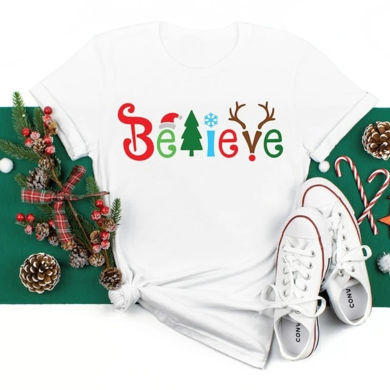 Believe Christmas Cotton T-shirt Family Believe Holiday Gift Matching Shirt Men and Women Crew Neck  Casual Fashion Comfortable