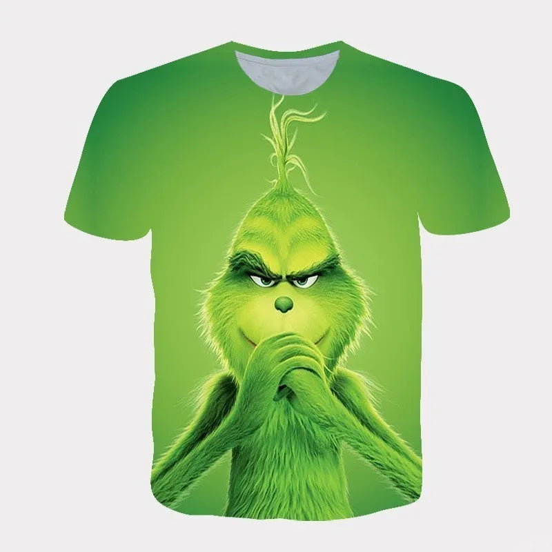 Cross Border New 2025 Christmas Cartoon Green Fur Monster 3D Printed Men's T-shirt Short Sleeved Christmas Grinch