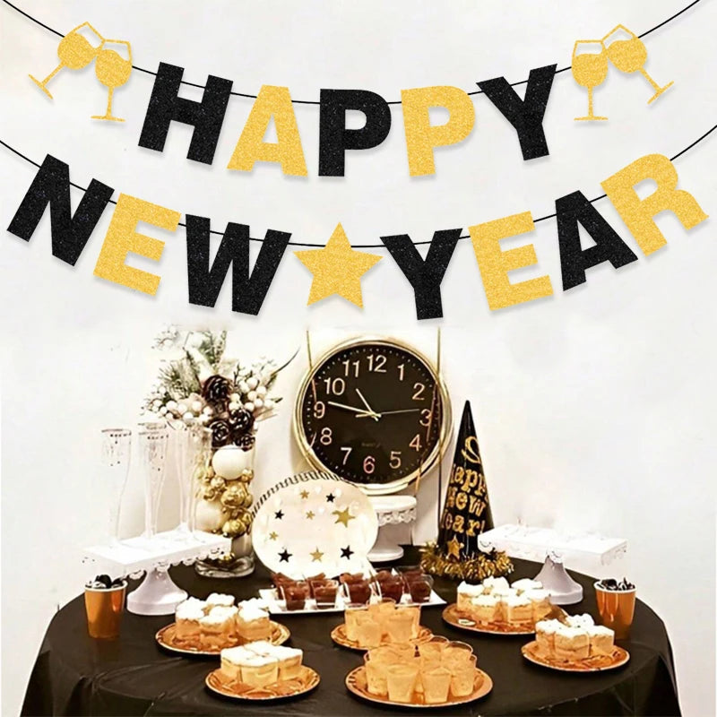 2026 Happy New Year Banner, Black and Gold with Glitter and Wine Glasses,New Year Party Decoration