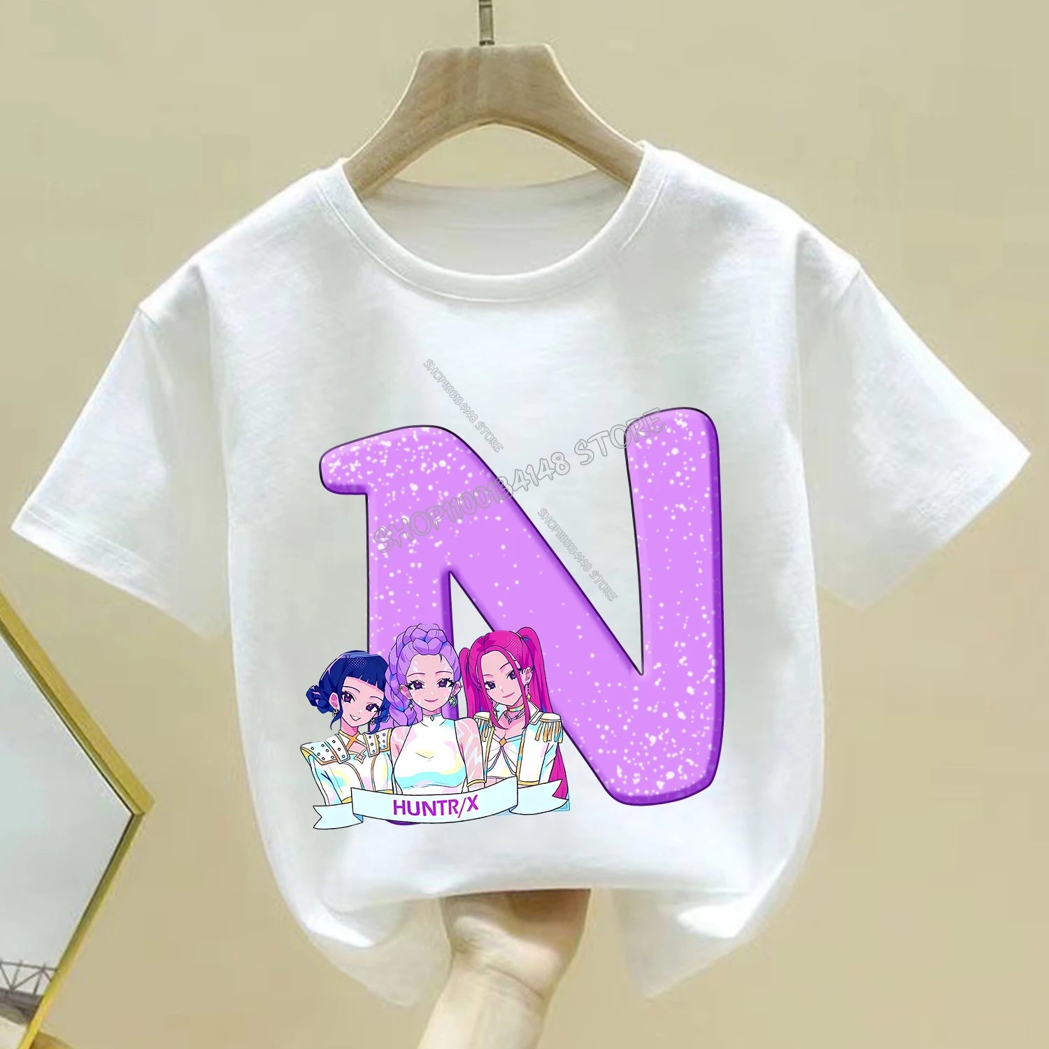 KPop Demon Hunters T-shirt for Children Cartoon A-Z Letters Tee Top White Round Collar Clothes Kids Short Sleeve Clothing Gift