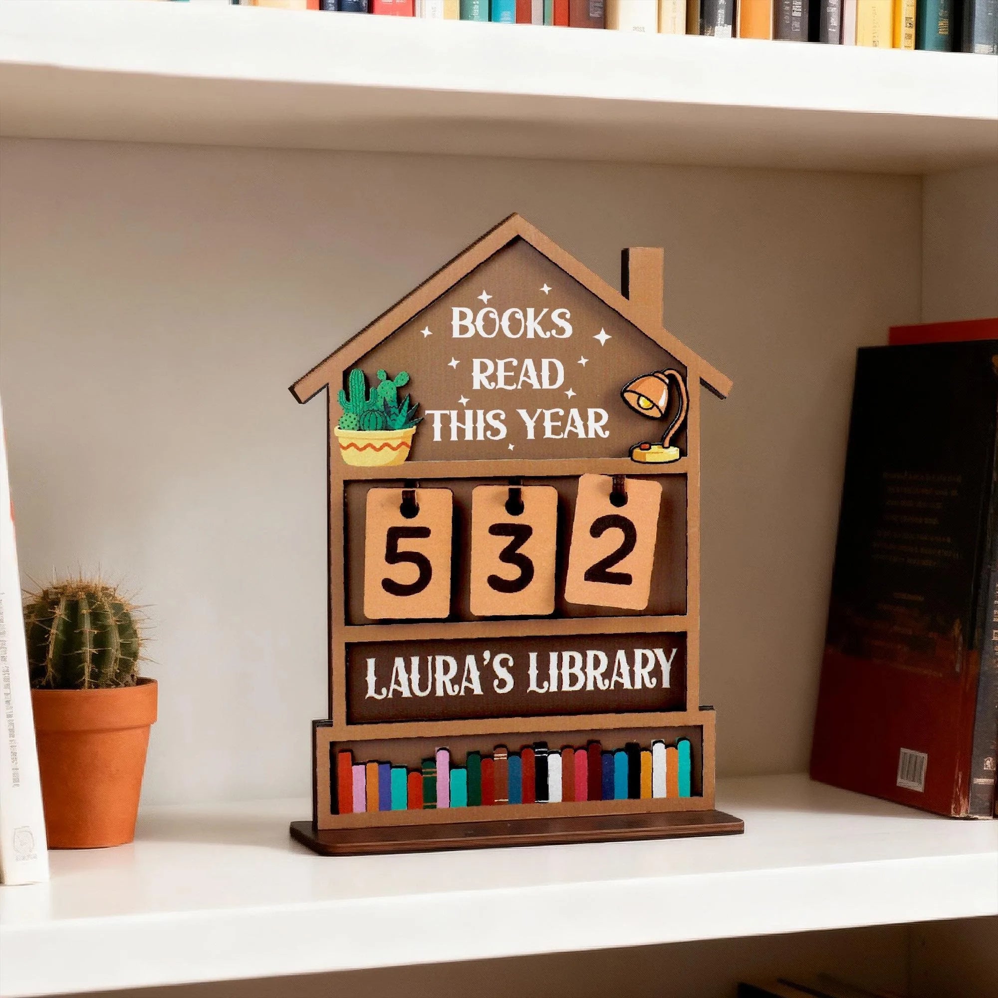 Custom Name Wooden Book Read This Year Counter Reading Challenge Tracker Bookshelf Decoration Bookish Gift for Bookworm Readers