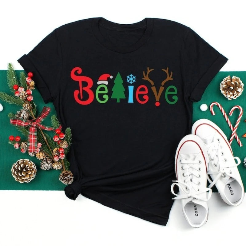Believe Christmas Cotton T-shirt Family Believe Holiday Gift Matching Shirt Men and Women Crew Neck  Casual Fashion Comfortable