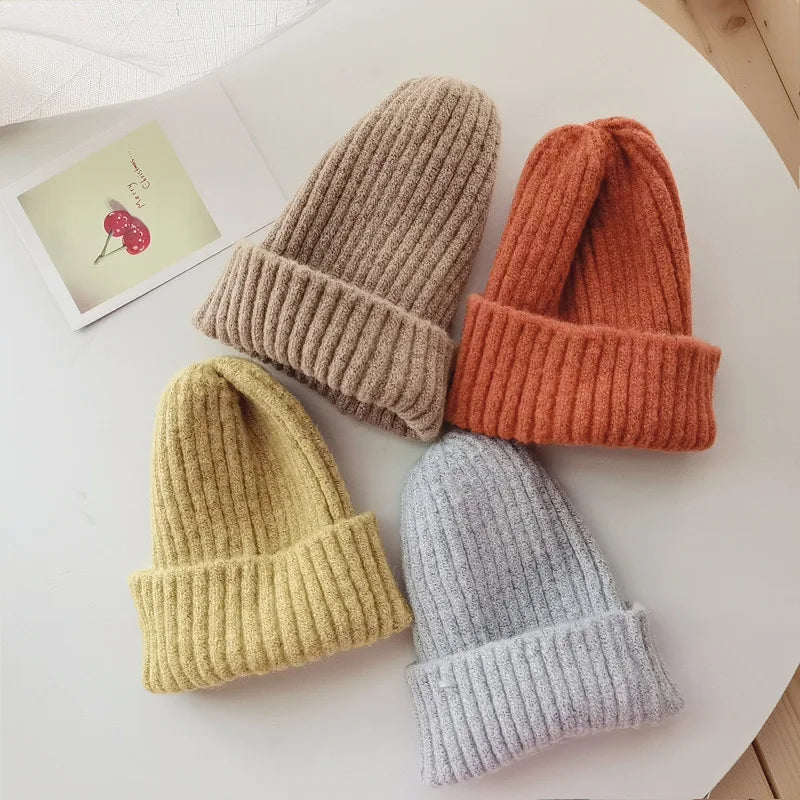 Winter Hats For Girls Boys Beanie Children Solid Color Knitted Ear Protection Keep Warm Baggy Cap Trendy Bonnet Winter Cap