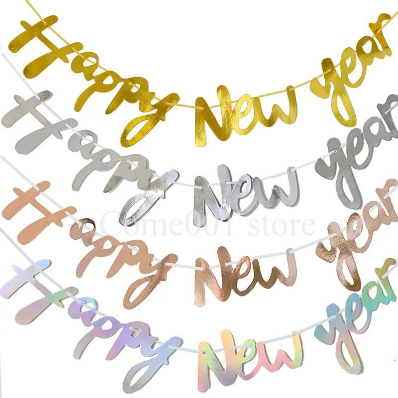 Happy New Year Banners Gold Silver New Year Party Pennant Flags Celebration Activity Decorations Colorful Bunting for 2026