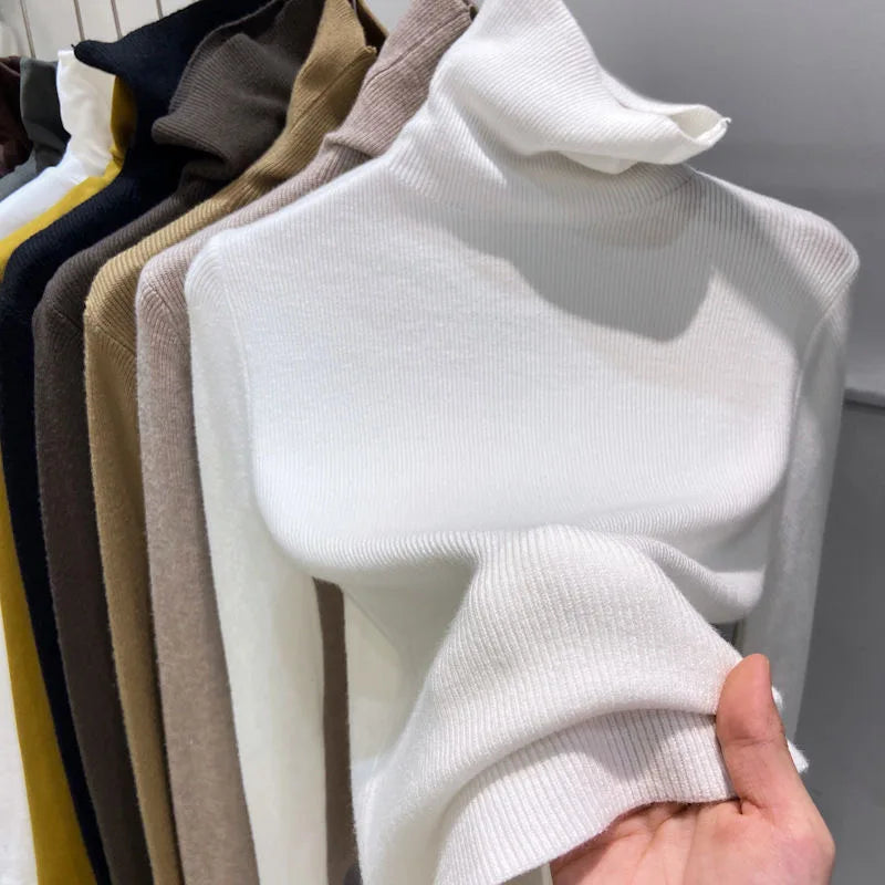 Women Knitted Ribbed Pullover 2025 Autumn Winter Sweater Sweater Long Sleeve Turtleneck Slim Jumper Soft Warm Pull Femme Tops