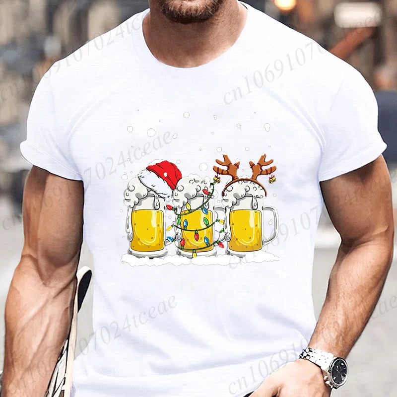 Tshirt Beer Christmas with Santa Reinbeer Xmas Lights Humor T Shirt Camiseta Christmas Party T Shirts Tops Streetwear T-shirts