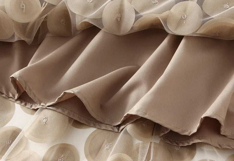 Autumn Winter 3D Circular Applique Mesh Long Skirts 2024 Korean Fashion Hepburn Style High Waist A-LINE Skirt