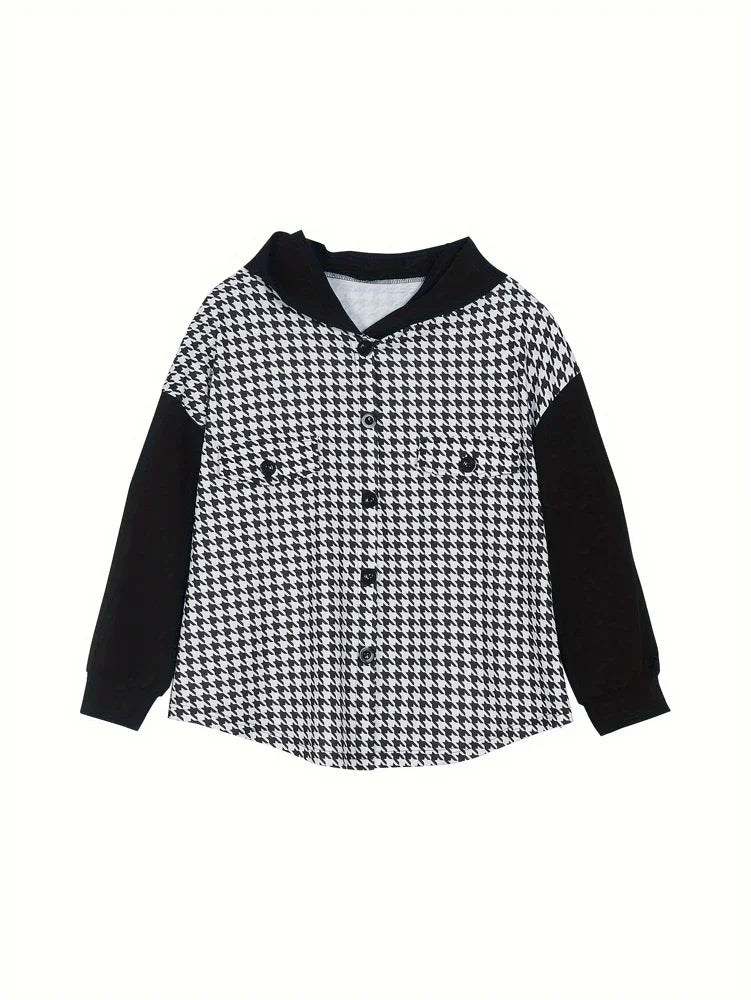 Plus Size 2025 Spring New Women's Houndstooth Print Zip Hooded Jacket Commuter Suitable for Outdoor Wear