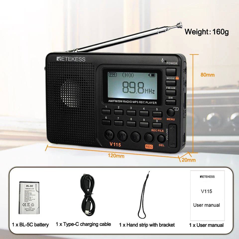 Retekess V115 radio Portable am fm Shortwave radio mini rechargeable radio with MP3 Player, Excellent Sound for Camping and Gift