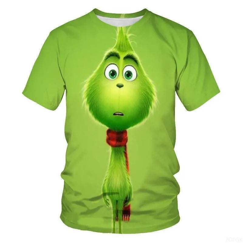 Cross Border New 2025 Christmas Cartoon Green Fur Monster 3D Printed Men's T-shirt Short Sleeved Christmas Grinch