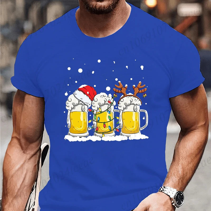 Tshirt Beer Christmas with Santa Reinbeer Xmas Lights Humor T Shirt Camiseta Christmas Party T Shirts Tops Streetwear T-shirts