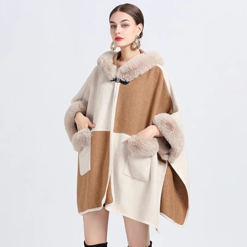 Contrast Color Winter Women Faux Fur Collar Loose Cape Outstreet Wear Warm Thick Poncho Cardigan Lady Coat With Hat Pocket