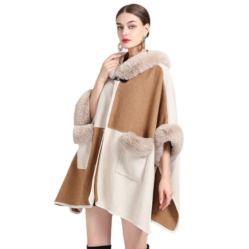 Contrast Color Winter Women Faux Fur Collar Loose Cape Outstreet Wear Warm Thick Poncho Cardigan Lady Coat With Hat Pocket