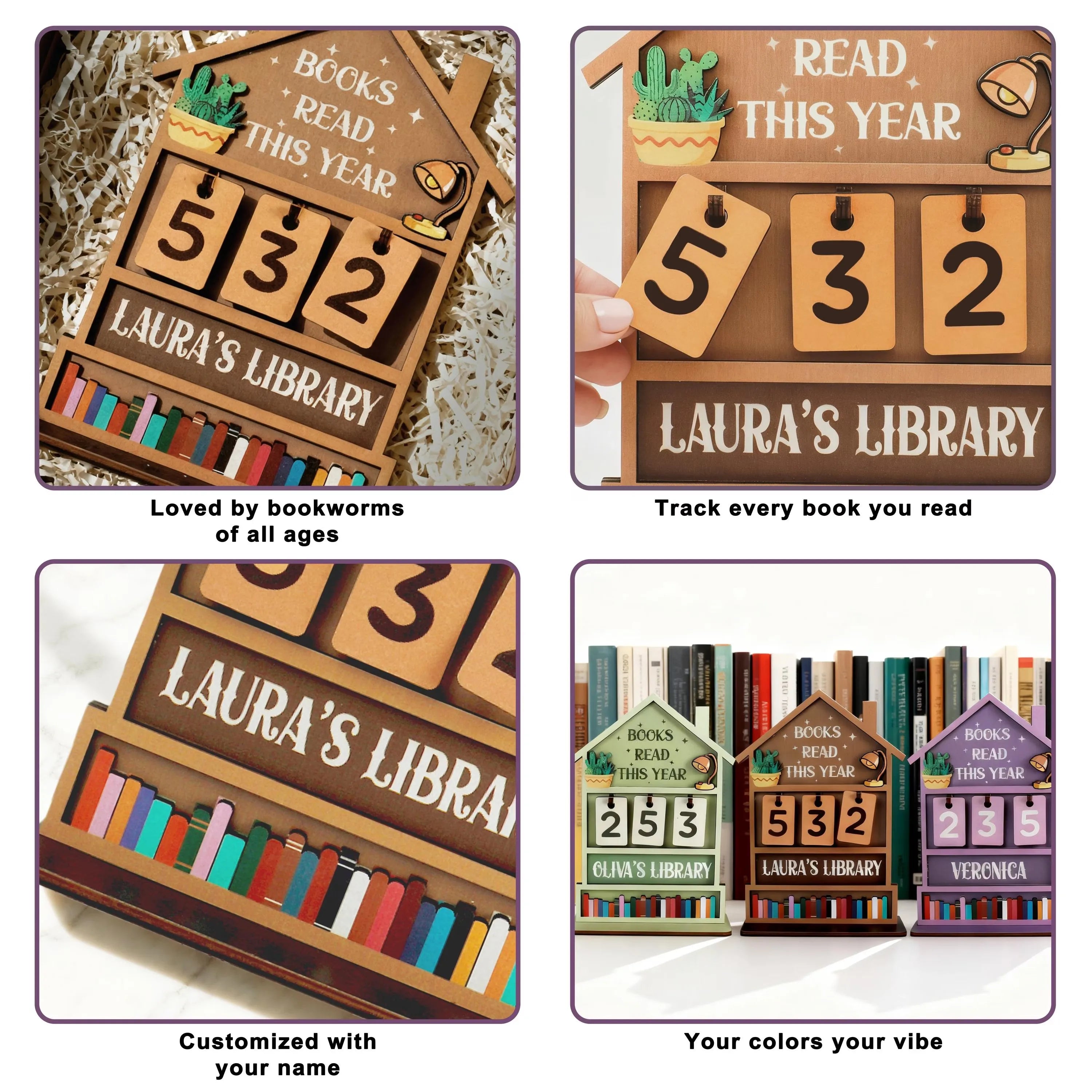 Custom Name Wooden Book Read This Year Counter Reading Challenge Tracker Bookshelf Decoration Bookish Gift for Bookworm Readers