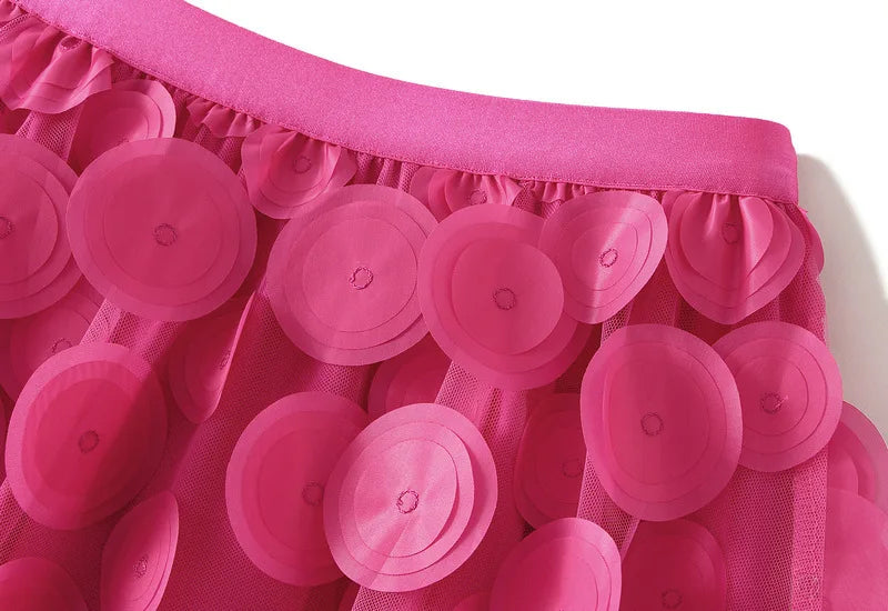 Autumn Winter 3D Circular Applique Mesh Long Skirts 2024 Korean Fashion Hepburn Style High Waist A-LINE Skirt