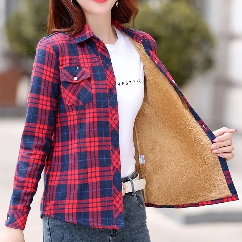 Thickened Fleece Women's Long Sleeve Shirt Autumn Winter New Style Warm Plaid Loose Fit Korean Style Cotton Button up Top