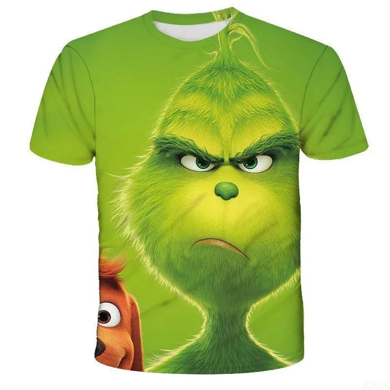 Cross Border New 2025 Christmas Cartoon Green Fur Monster 3D Printed Men's T-shirt Short Sleeved Christmas Grinch