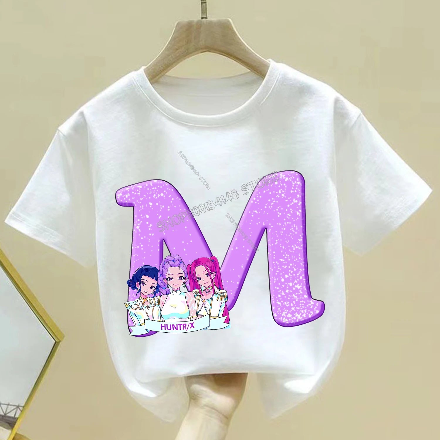 KPop Demon Hunters T-shirt for Children Cartoon A-Z Letters Tee Top White Round Collar Clothes Kids Short Sleeve Clothing Gift