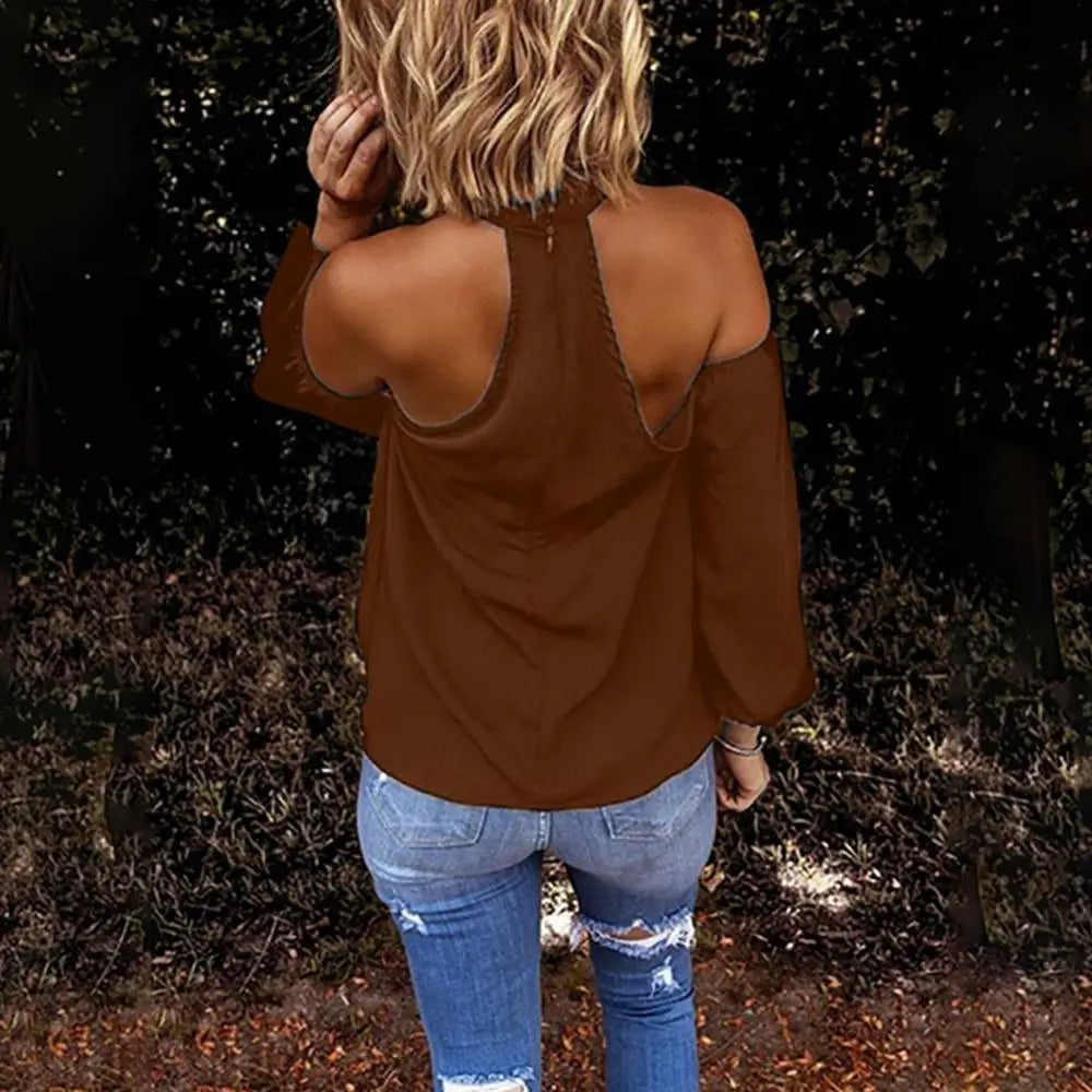Women Camis Solid Color Long Sleeve Tanks Sexy Halter Off Shoulder Back Zipper Blouse Top Female Clothing For Daily Commuting