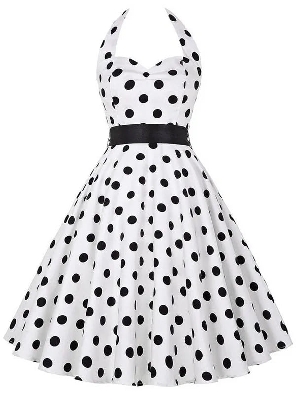 Polka Dot Dress Women Vintage Swing Halter Belt 50s 60s Rockabilly Prom Party Dresses Retro Feminino Vestidos