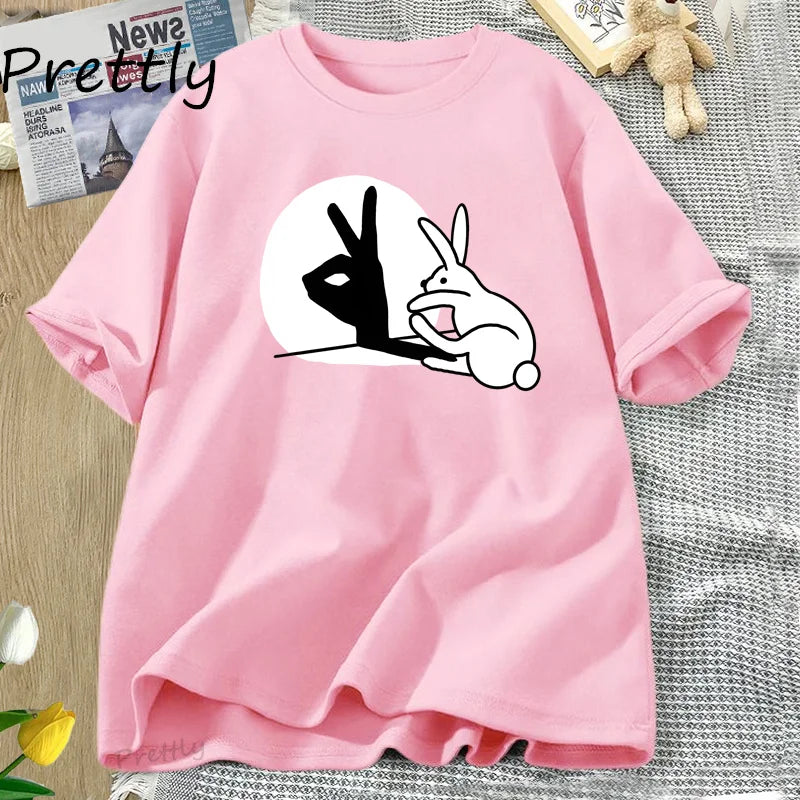 Funny Rabbit Hand Shadow T-Shirt Cute Cotton Short Sleeve T Shirt for Men Women Couple Short Sleeve Tops Harajuku Y2k Clothing