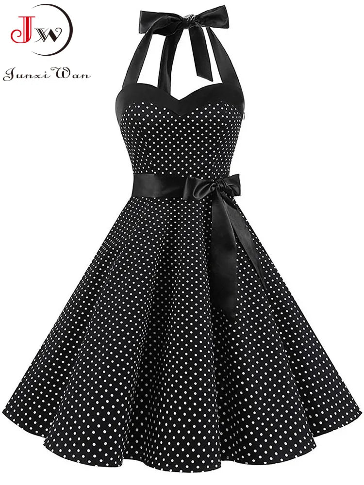 Polka Dot Dress Women Vintage Swing Halter Belt 50s 60s Rockabilly Prom Party Dresses Retro Feminino Vestidos