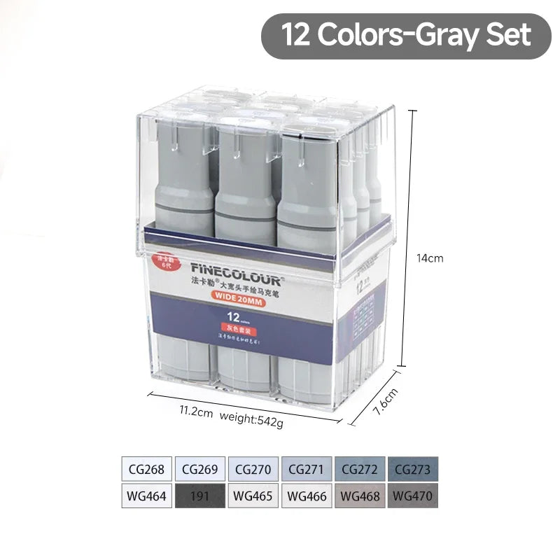 Finecolour EF105 20mm Wide Markers 12colors Alcohol Line Sketching Art Markers Pen Drawing For Large Area Painting Art Supplies
